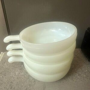 4 Vintage Glasbake 11oz Bowls Handle White Milk Glass J2663 Soup/Chili USA MCM